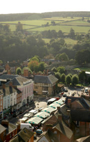 A view of Ludlow market, which is situated in Castle Square, taken from the tower of St Laurence's Church.